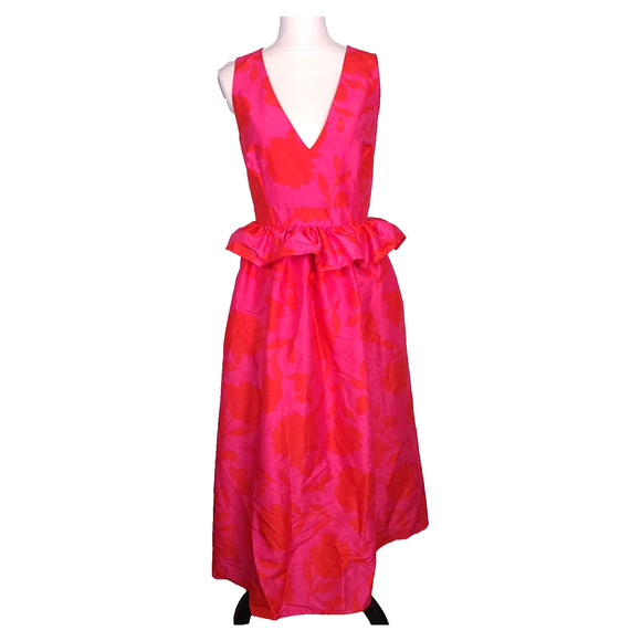 Kate Spade Target Pink Red Floral Peplum Midi Dress 12 Sleeveless V Neck Pockets - Picture 2 of 15